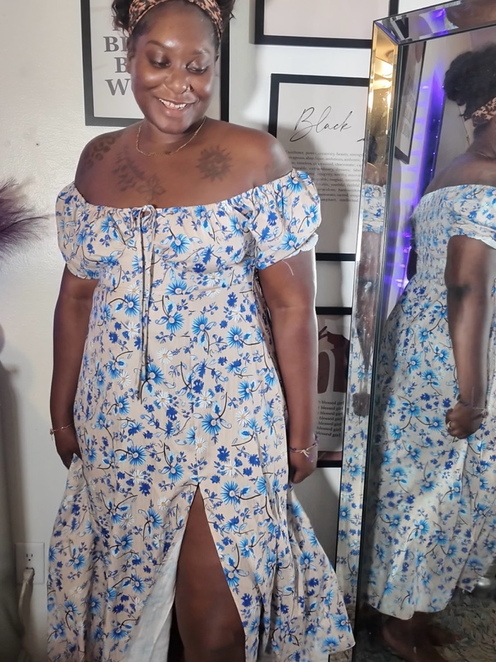 Floral Off-Shoulder Maxi Dress in Blue and Cream